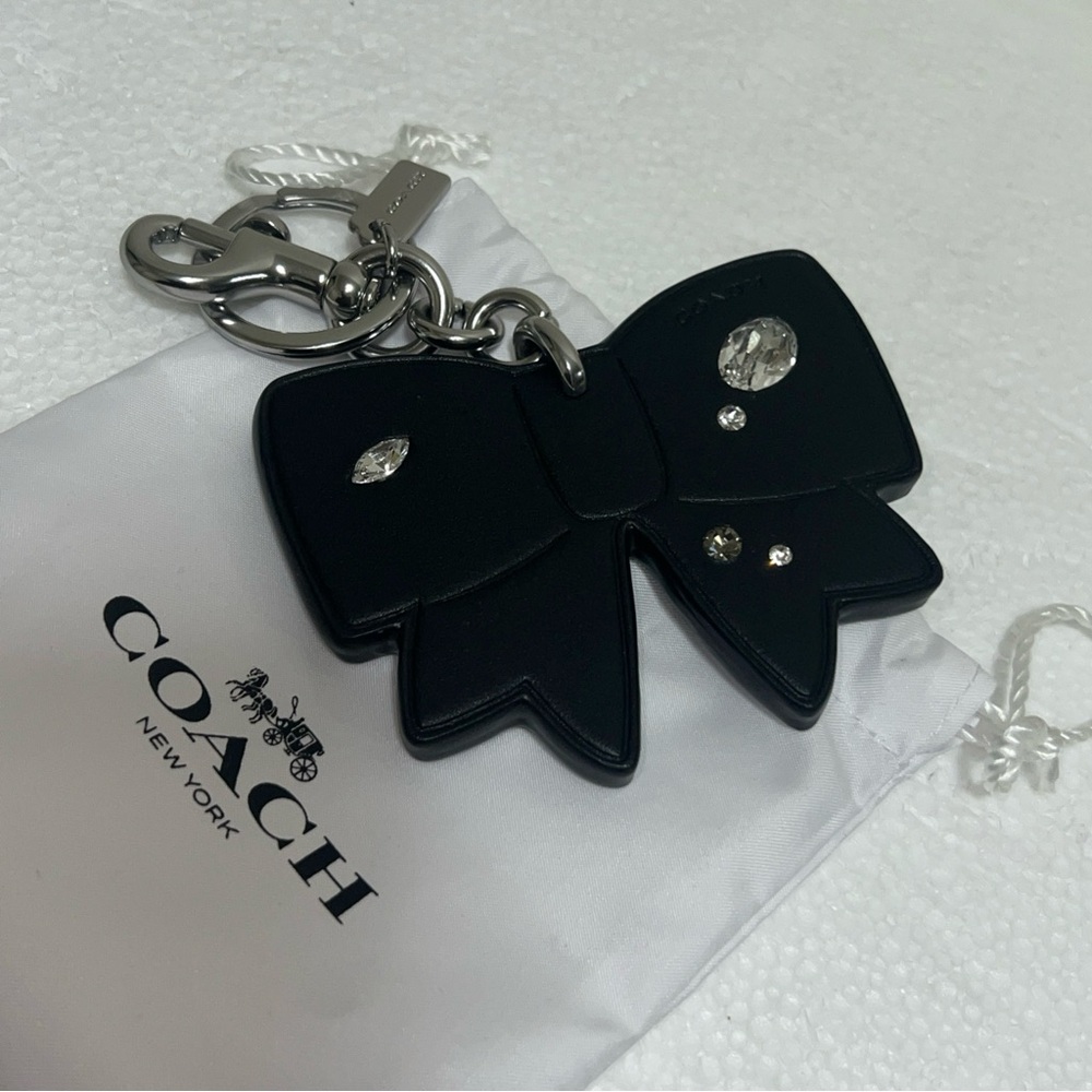COACH Bow Bag Charm Gem Ribbon Black Leather - Picture 4 of 6